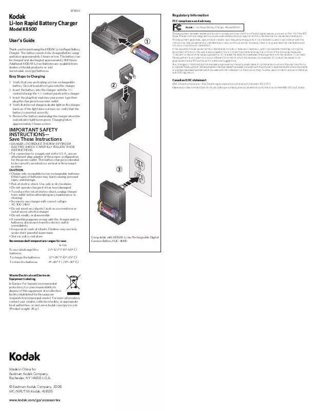 Mode d'emploi KODAK LI-ION RAPID BATTERY CHARGER K8500