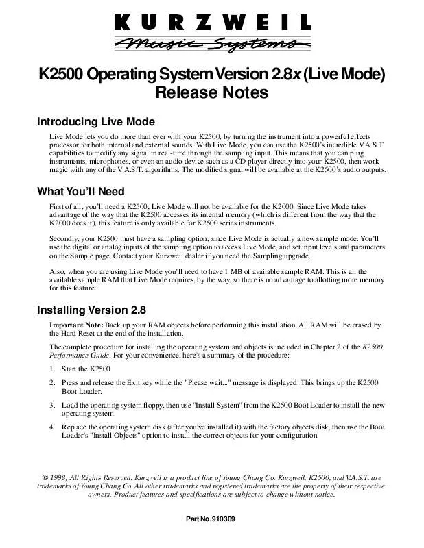 Mode d'emploi KURZWEIL K2500 V2.8 LIVEMODE