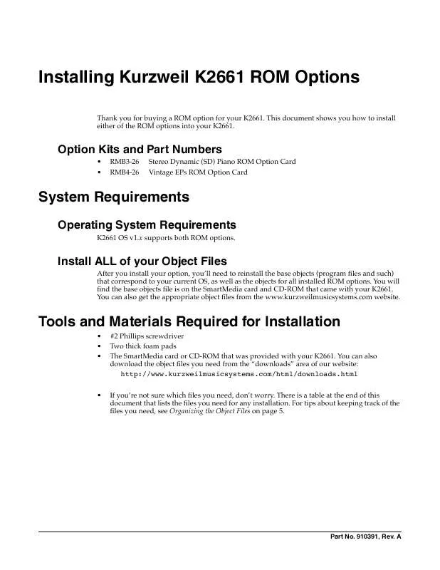Mode d'emploi KURZWEIL K2661 ROM OPTIONS