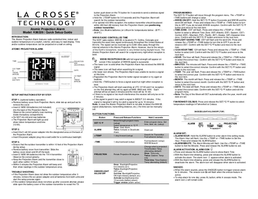 Mode d'emploi LA CROSSE TECHNOLOGY K86326