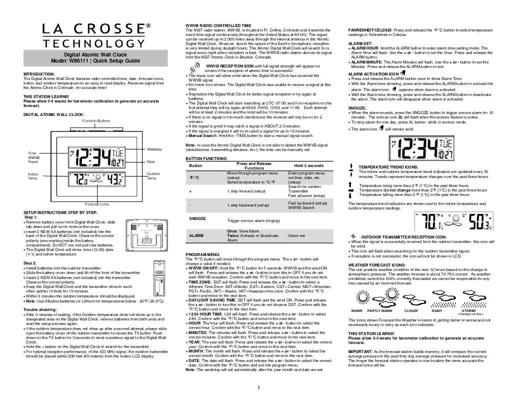 Mode d'emploi LA CROSSE TECHNOLOGY W86111