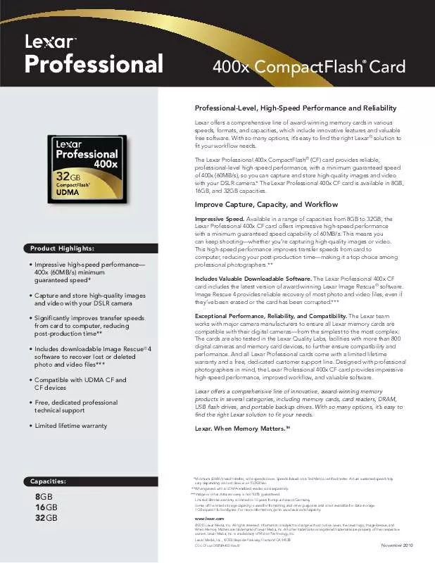 Mode d'emploi LEXAR 400X COMPACTFLASH CARD