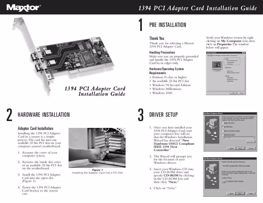 Mode d'emploi MAXTOR 1394 PCI ADAPTER CARD