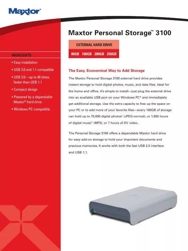 Mode d'emploi MAXTOR PERSONAL STORAGE 3100