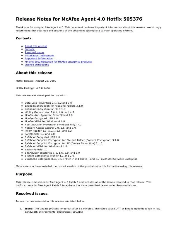 Mode d'emploi MCAFEE AGENT 4.0 HOTFIX 505376