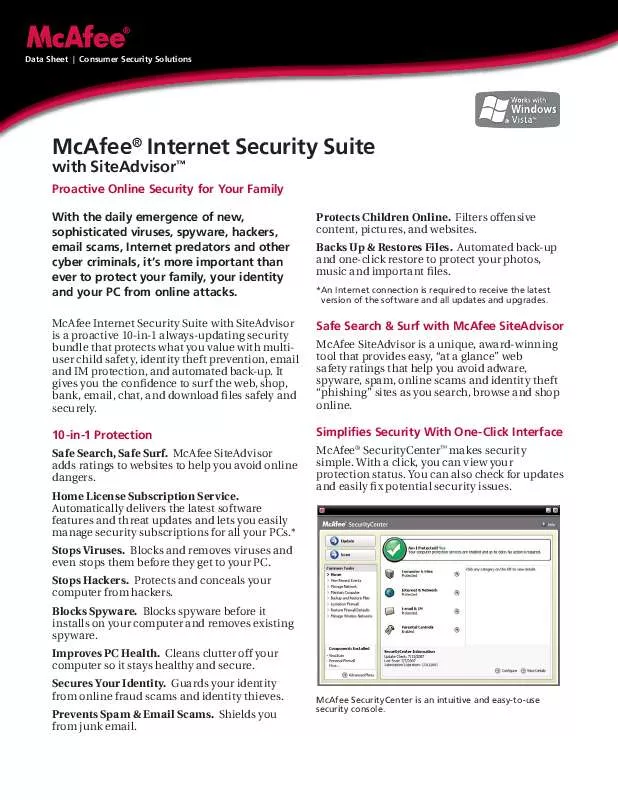 Mode d'emploi MCAFEE INTERNET SECURITY 2008