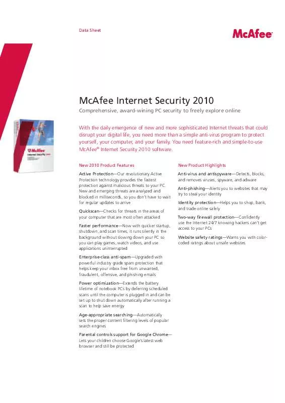 Mode d'emploi MCAFEE INTERNET SECURITY 2010
