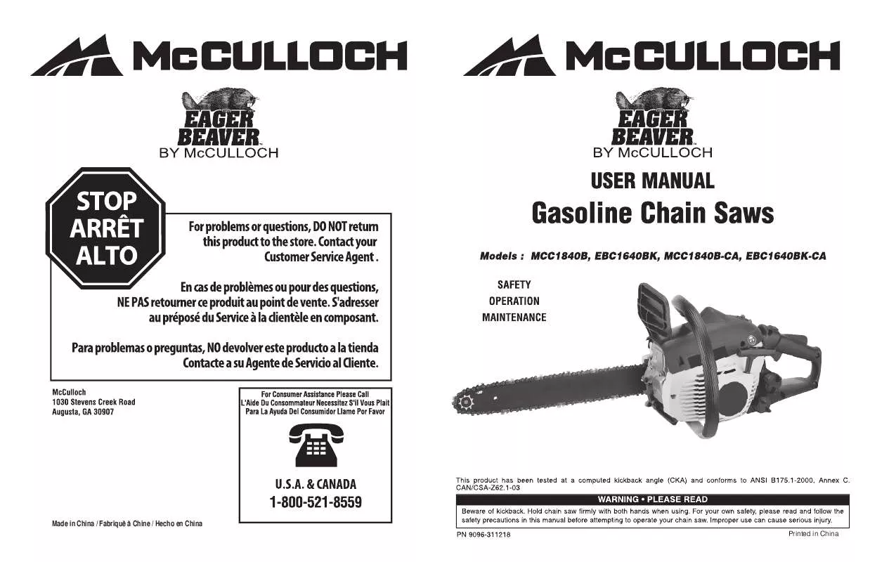 Mode d'emploi MCCULLOCH MCC1840BK-CA
