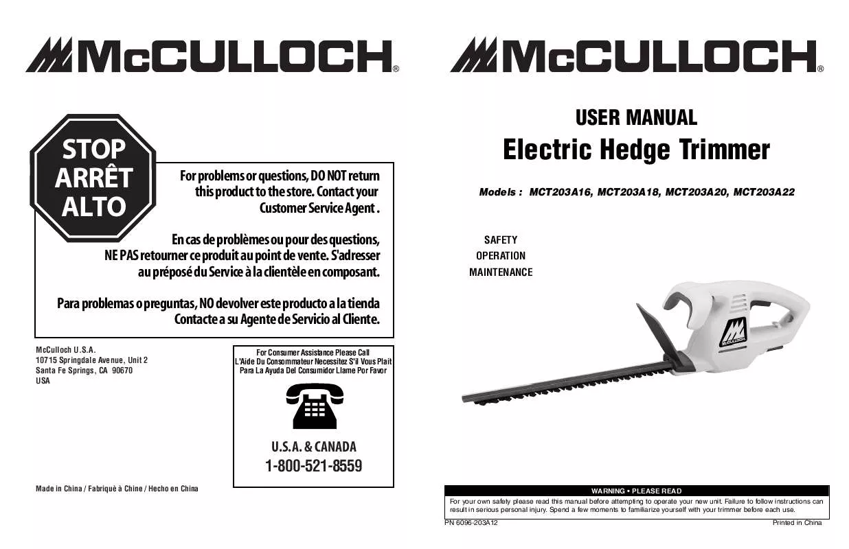 Mode d'emploi MCCULLOCH MCT203A16