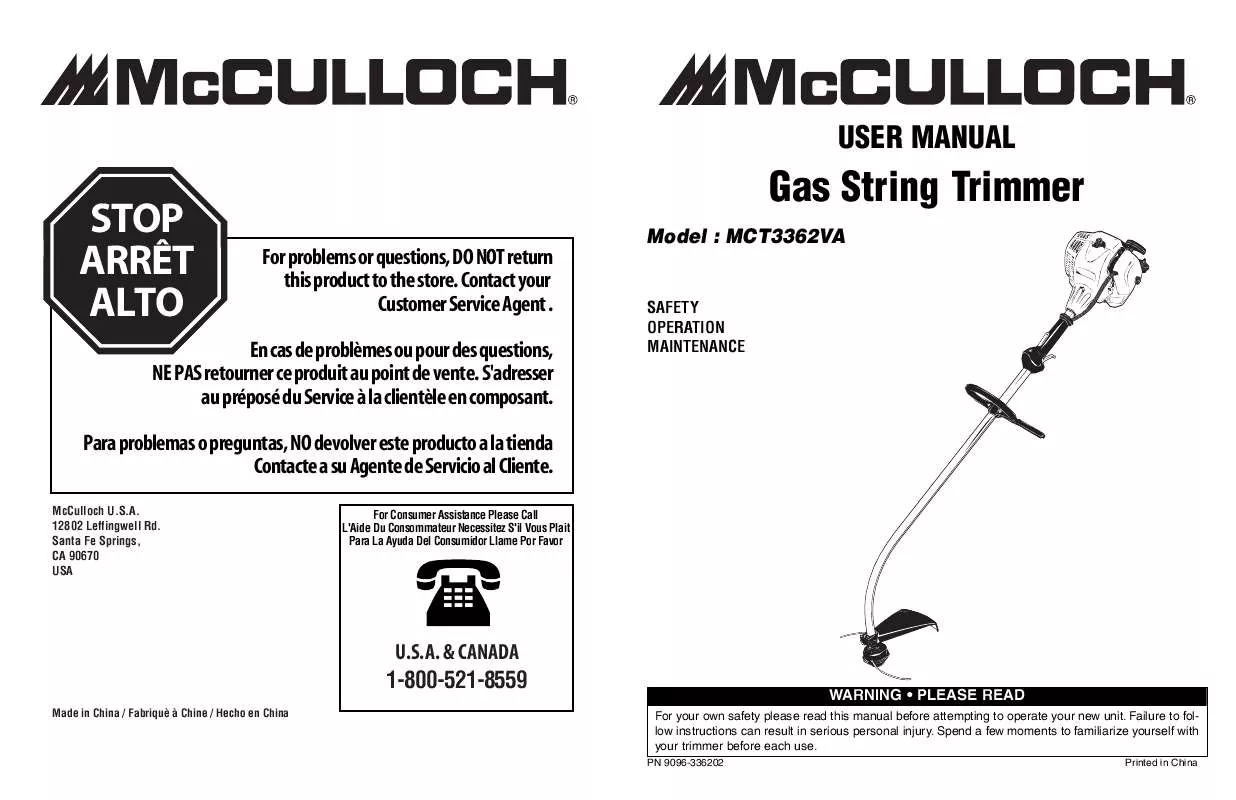 Mode d'emploi MCCULLOCH MCT3362VA