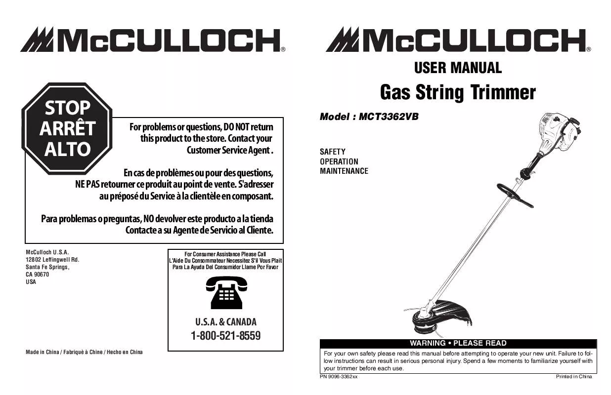 Mode d'emploi MCCULLOCH MCT3362VB