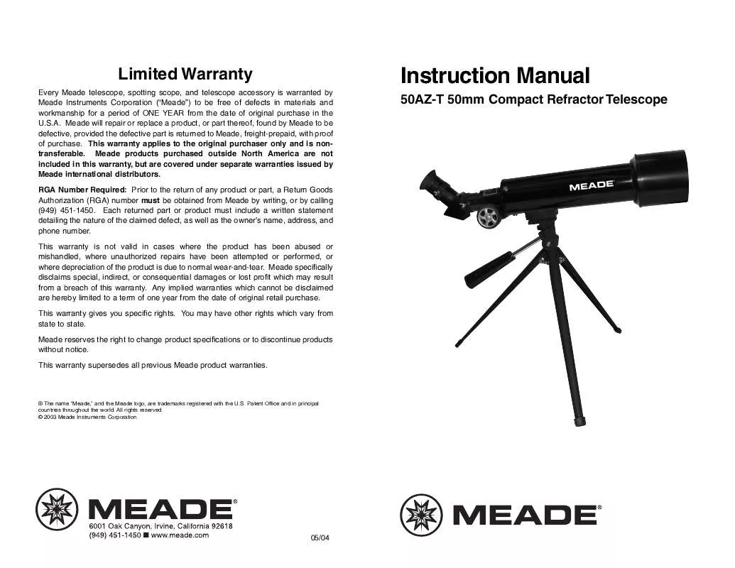 Mode d'emploi MEADE M50 AZ-T COMPACT REFRACTOR TELESCOPE