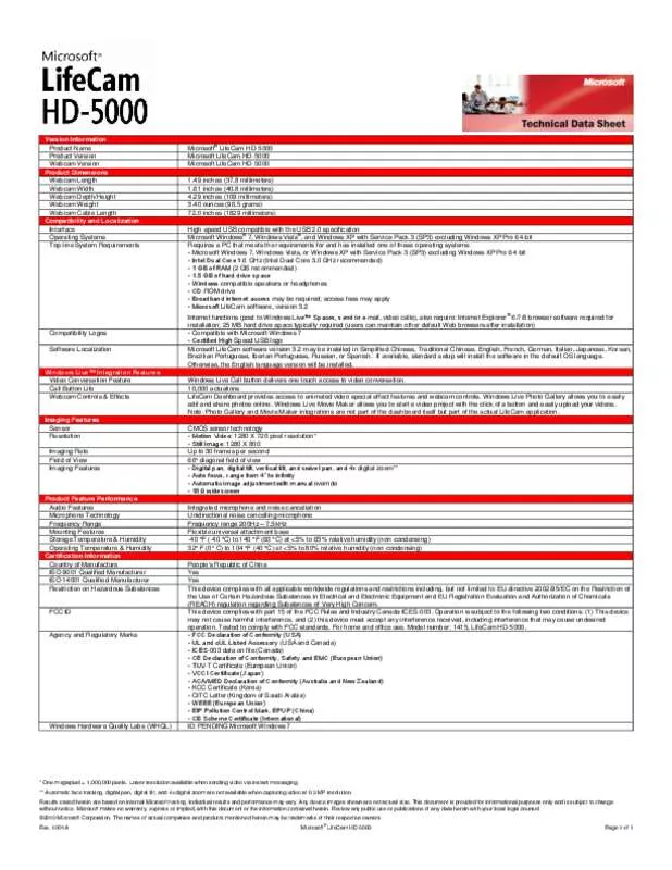 Mode d'emploi MICROSOFT LIFECAM HD-5000