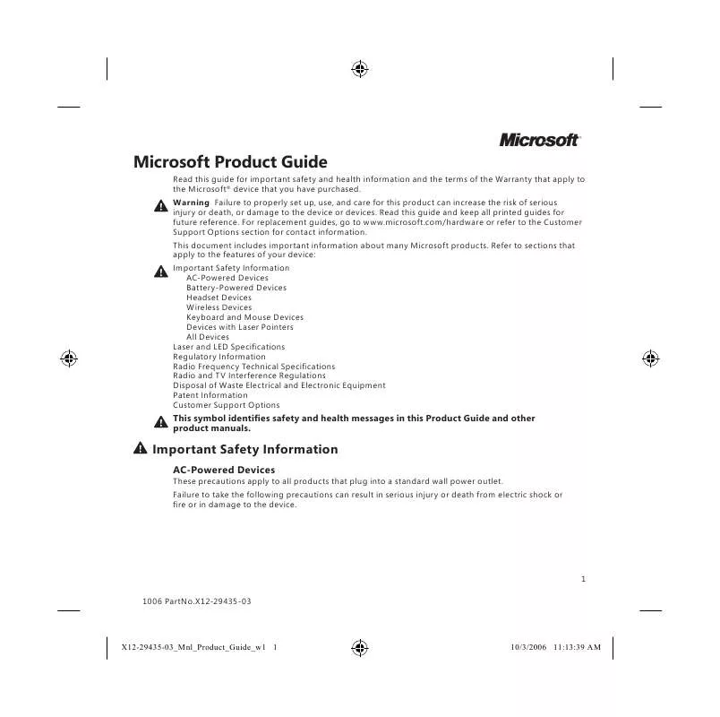 Mode d'emploi MICROSOFT NATURAL WIRELESS LASER MOUSE 6000