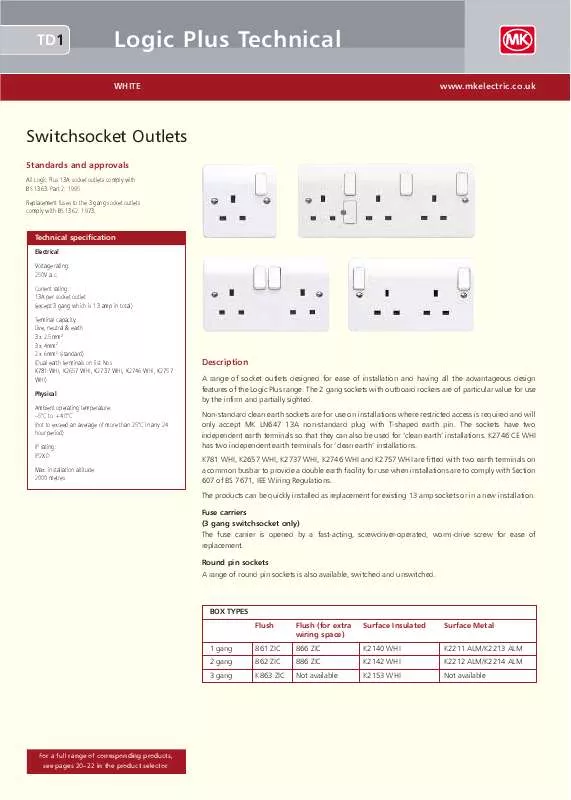 Mode d'emploi MK ELECTRIC LOGIC PLUS TECHNICAL SWITCHSOCKET OUTLETS