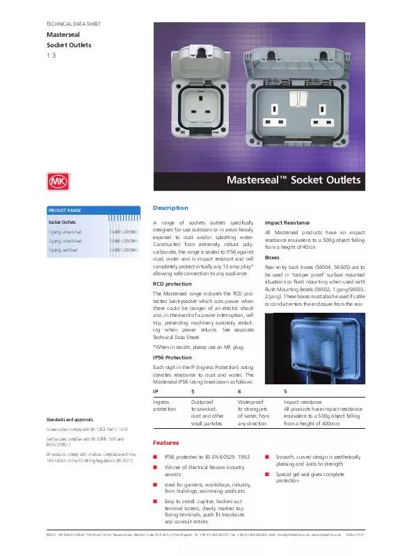 Mode d'emploi MK ELECTRIC MASTERSEAL SOCKET OUTLETS