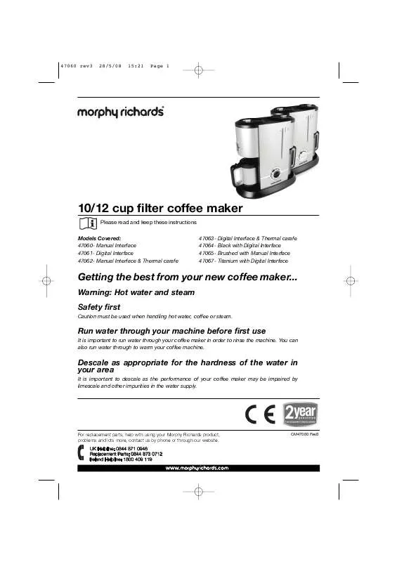 Mode d'emploi MORPHY RICHARDS 10 12 CUP FILTER COFFE MAKER 47060