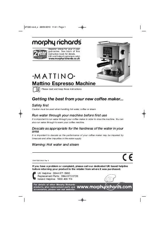 Mode d'emploi MORPHY RICHARDS 47020 MATTINO ESPRESSO MACHINE