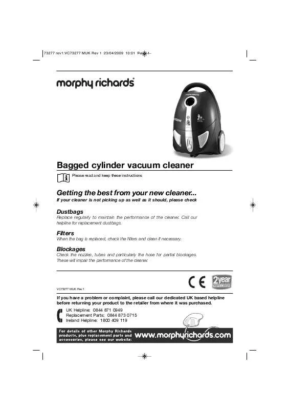 Mode d'emploi MORPHY RICHARDS BAGGED CYLINDER VACUUM CLEANER 73277