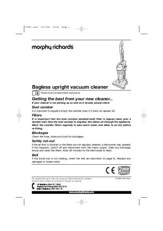 Mode d'emploi MORPHY RICHARDS BAGLESS UPRIGHT VACUUM CLEANER 73281