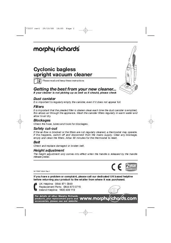Mode d'emploi MORPHY RICHARDS CYCLONIC BAGLESS UPRIGHT VACUUM CLEANER