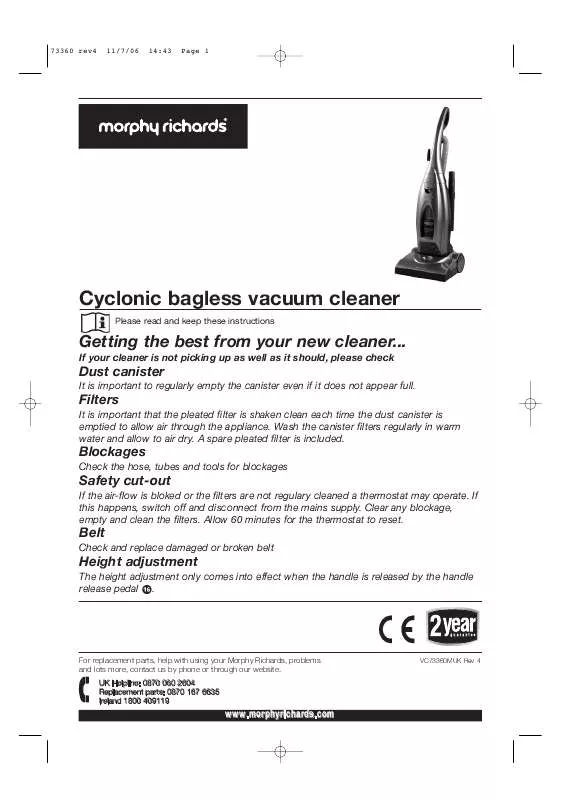Mode d'emploi MORPHY RICHARDS CYCLONIC BAGLESS VACUUM CLEANER