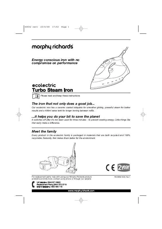 Mode d'emploi MORPHY RICHARDS ECOLECTRIC TURBO STEAM IRON 40652
