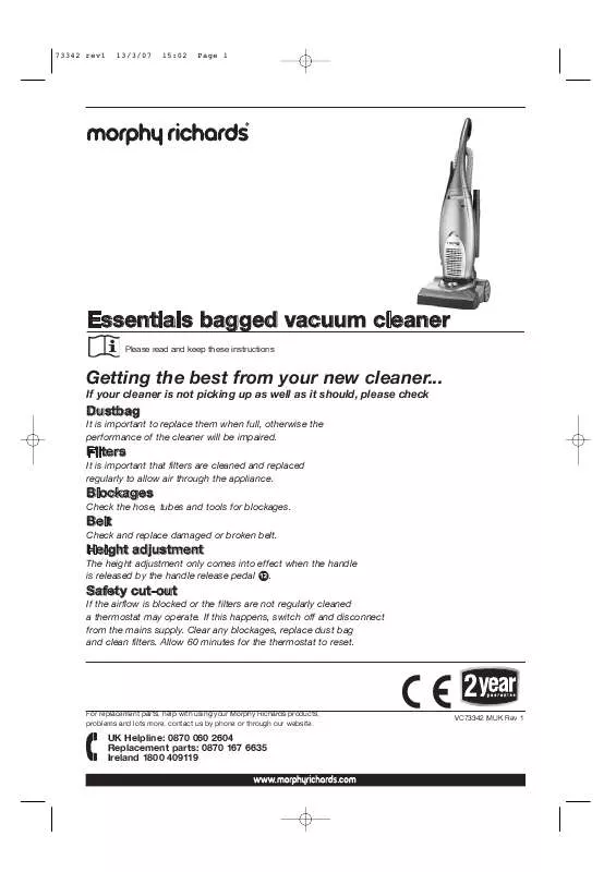 Mode d'emploi MORPHY RICHARDS ESSENTIALS BAGGED VACUUM CLEANER