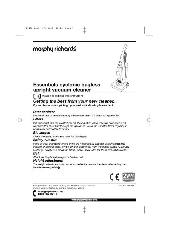 Mode d'emploi MORPHY RICHARDS ESSENTIALS CYCLONIC BAGLESS UPRIGHT VACUUM CLEANER
