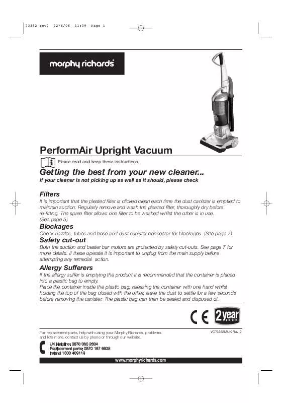 Mode d'emploi MORPHY RICHARDS PERFORMAIR UPRIGHT VACUUM CLEANER