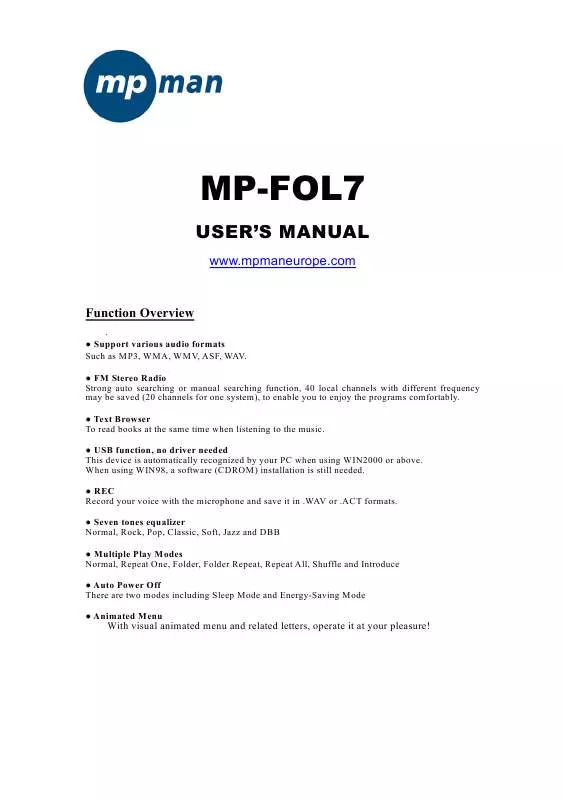 Mode d'emploi MPMAN MP-FOL7