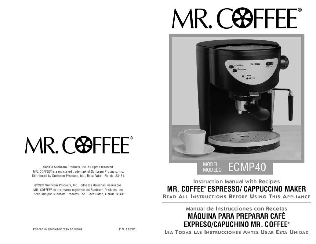 Mode d'emploi MR COFFEE ECMP40