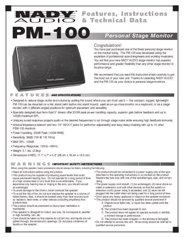 Mode d'emploi NADY PM-100