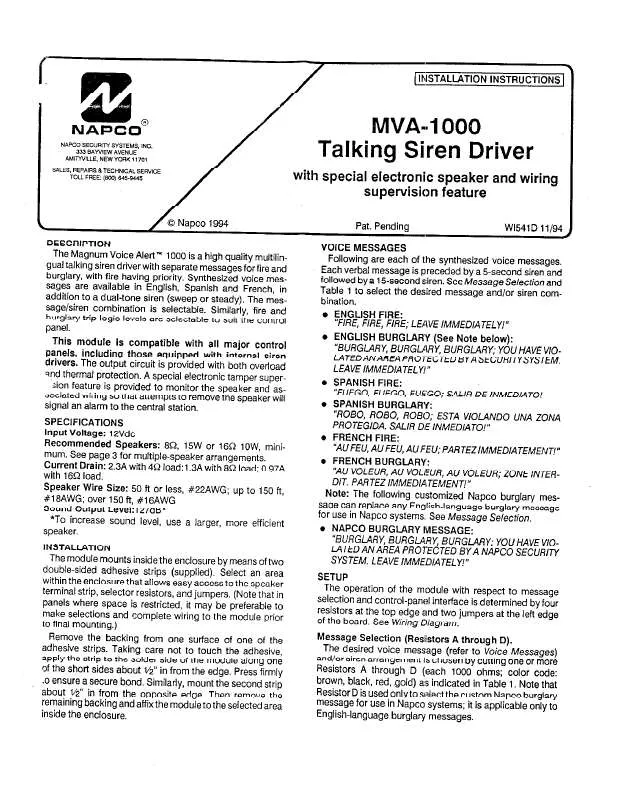 Mode d'emploi NAPCO MVA-1000