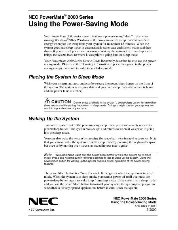 Mode d'emploi NEC POWERMATE 2000 POWER-SAVING MODE