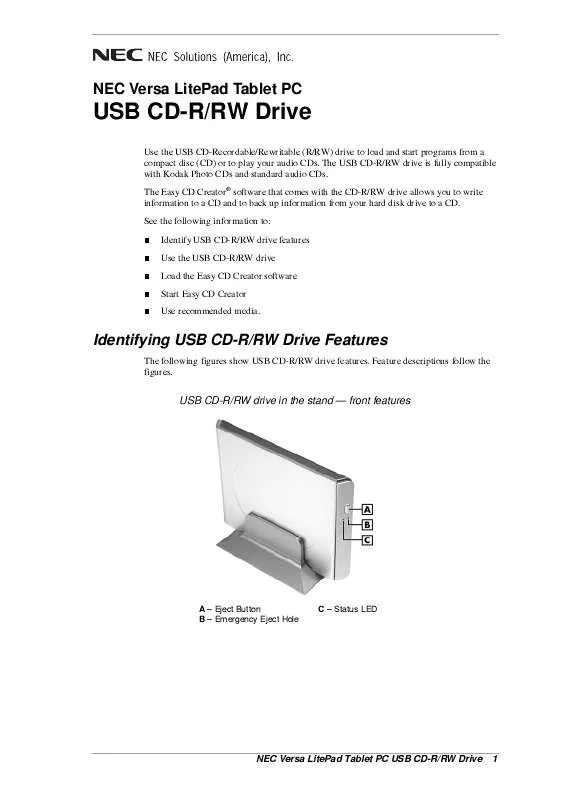 Mode d'emploi NEC VERSA LITEPAD TABLET PC USB CR-R-RW DRIVE