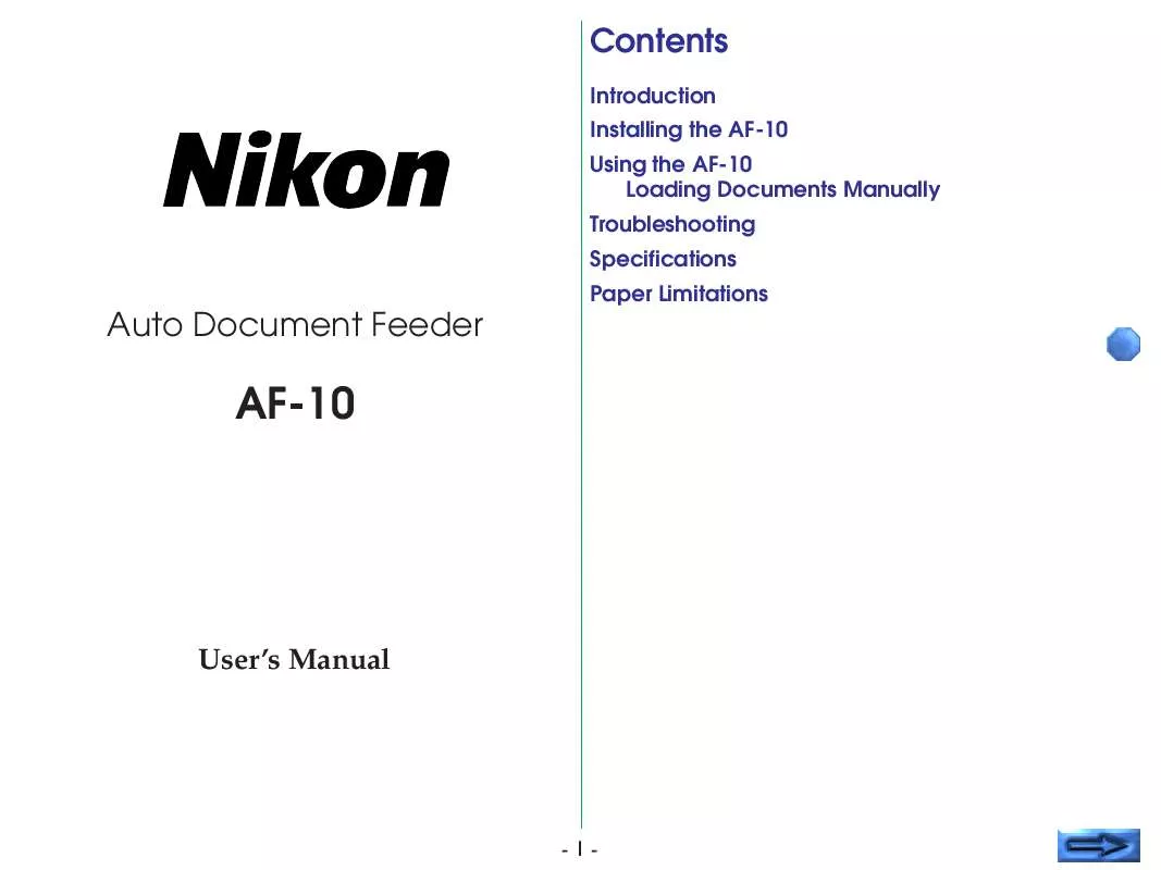 Mode d'emploi NIKON AF-10 SHEET FEEDER (SUPPORTS AX-110, AX-210)
