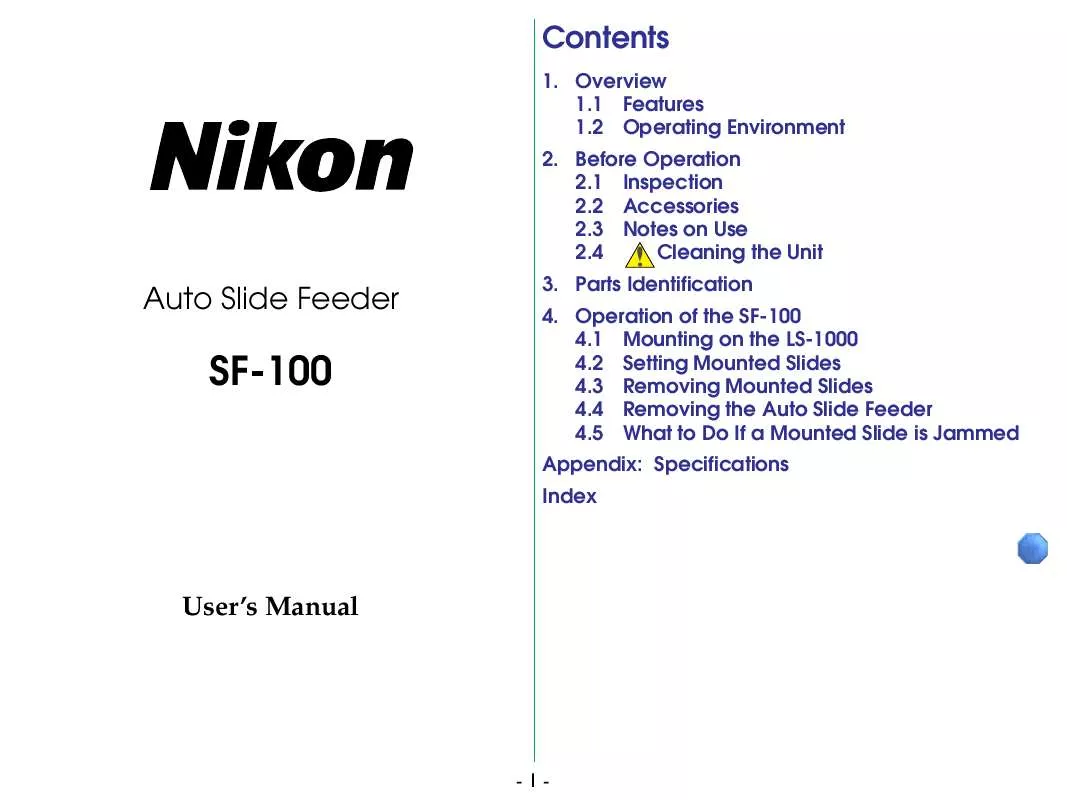 Mode d'emploi NIKON SF-100 SLIDE FEEDER ADAPTER (SUPPORTS LS-1000)