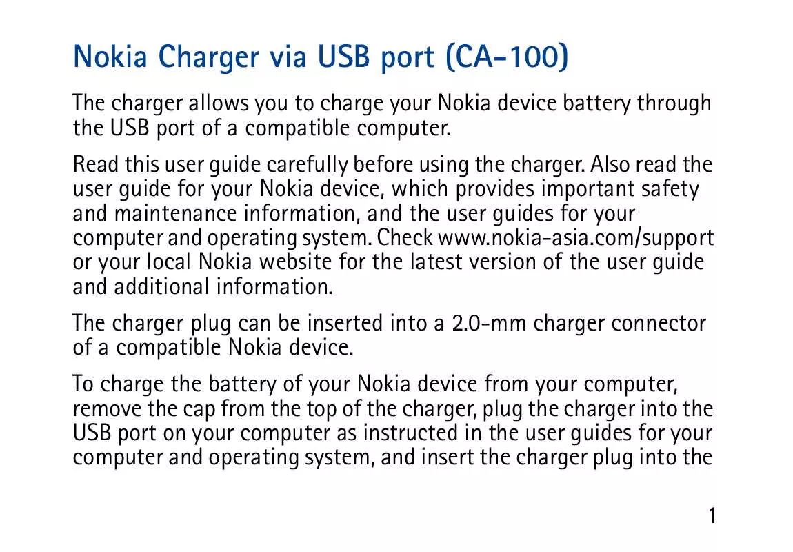 Mode d'emploi NOKIA CHARGER VIA USB PORT CA-100