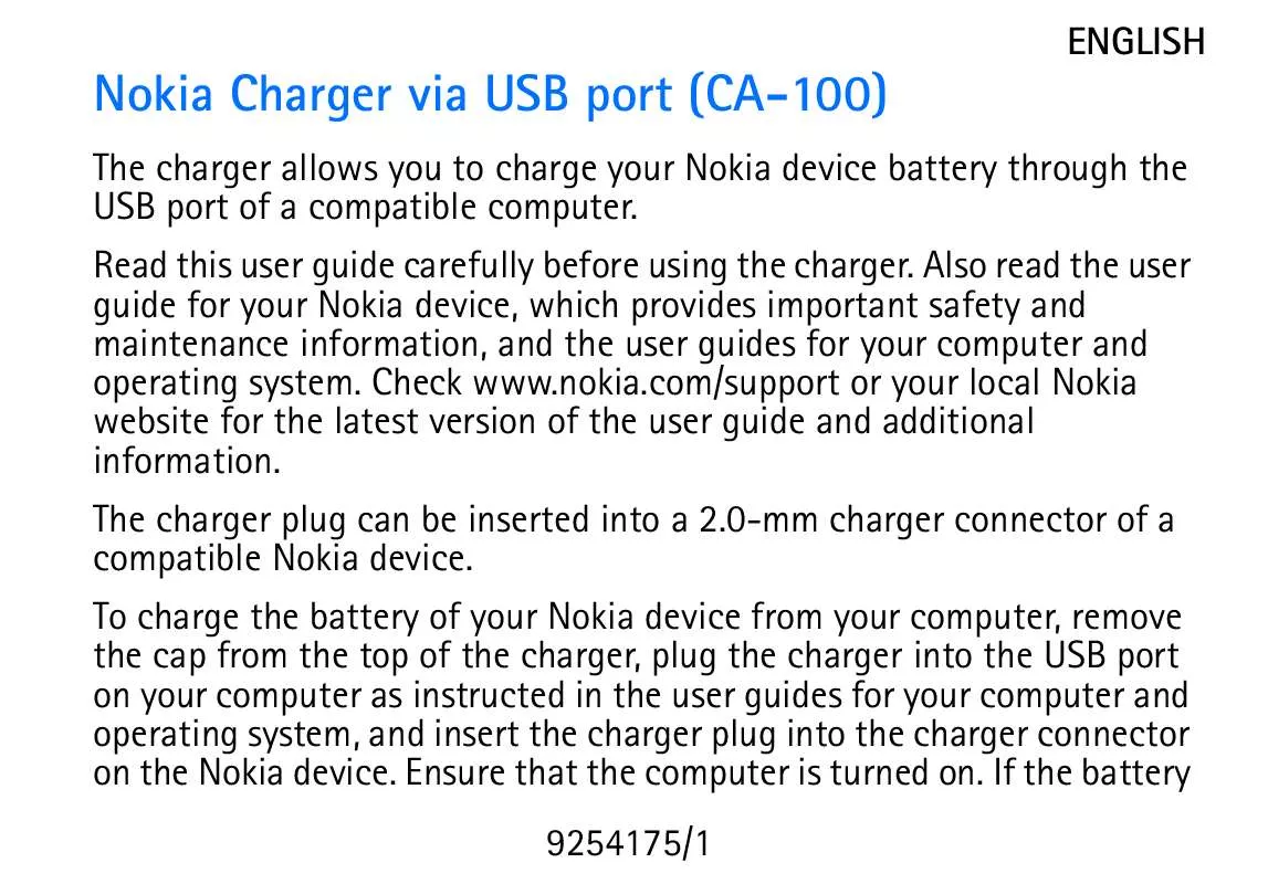 Mode d'emploi NOKIA VIA USB PORT