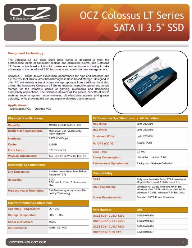 Mode d'emploi OCZ COLOSSUS LT SATA II 3.5 SSD