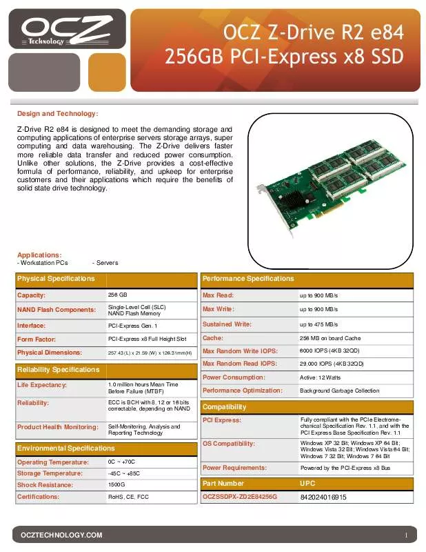 Mode d'emploi OCZ Z-DRIVE R2 E84 256GB PCI-EXPRESS X8 SSD