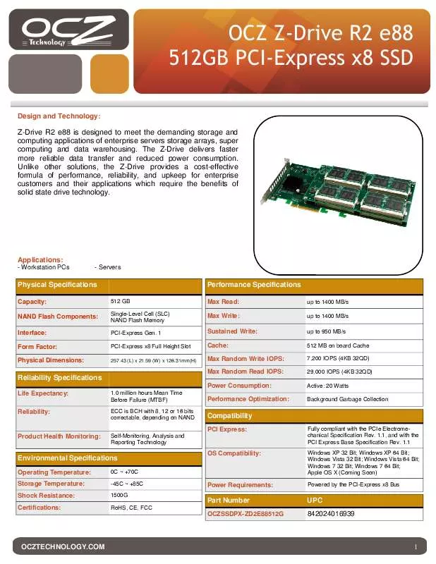 Mode d'emploi OCZ Z-DRIVE R2 E88 512GB PCI-EXPRESS X8 SSD