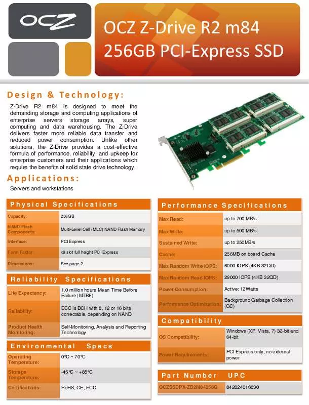 Mode d'emploi OCZ Z-DRIVE R2 M84 256GB PCI-EXPRESS SSD