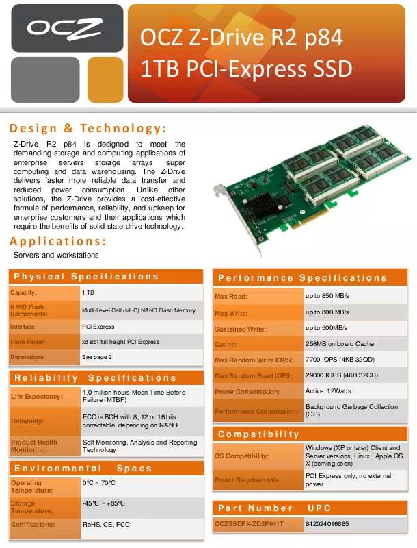 Mode d'emploi OCZ Z-DRIVE R2 P84 1T PCI-EXPRESS SSD