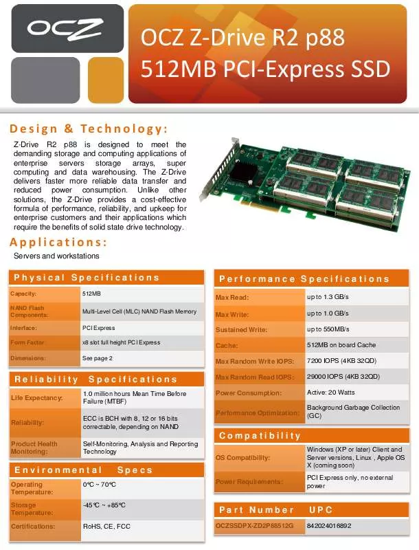 Mode d'emploi OCZ Z-DRIVE R2 P88 512MB PCI-EXPRESS SSD