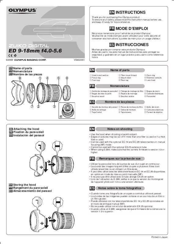 Mode d'emploi OLYMPUS ED-18MM F4.0-5.6