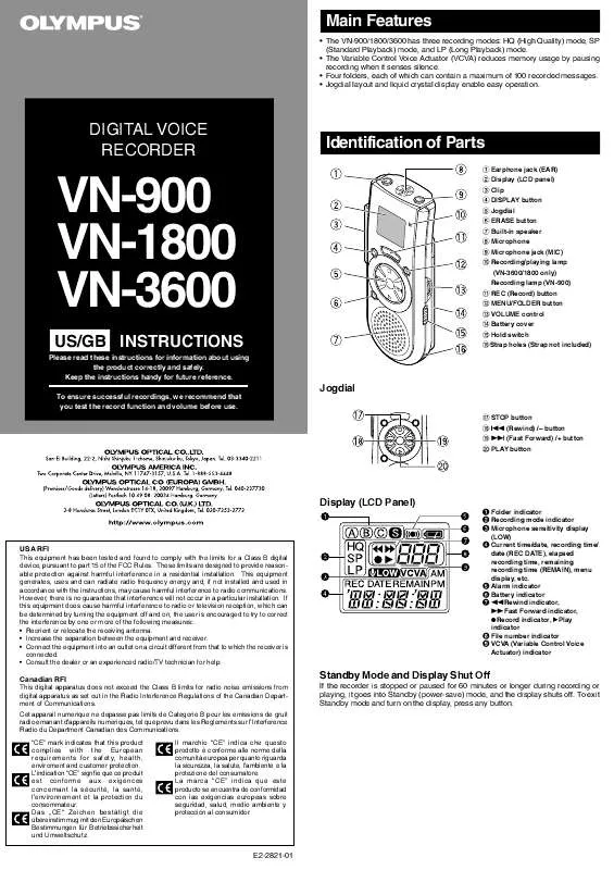 Mode d'emploi OLYMPUS VN-1800 DIGITAL VOICE RECORDER