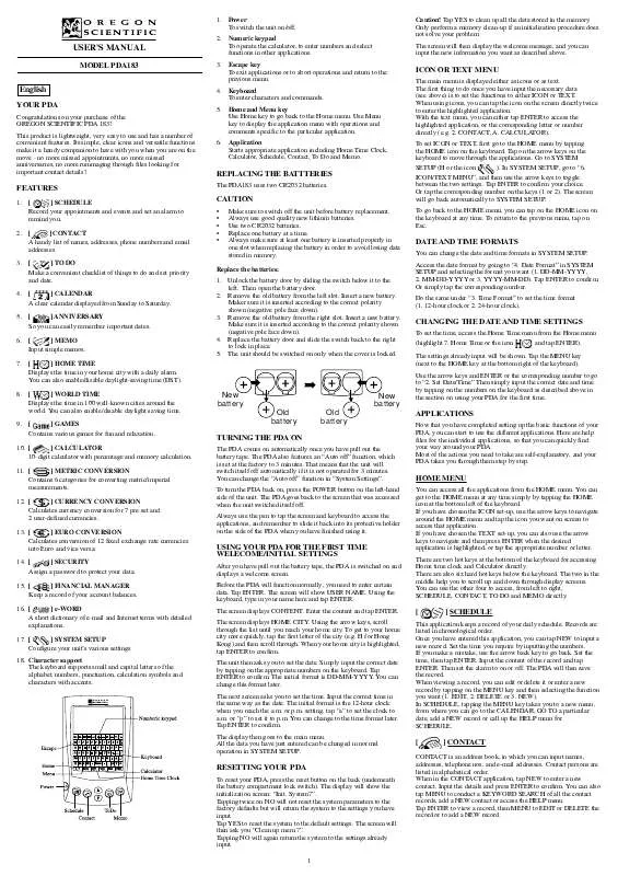 Mode d'emploi OREGON SCIENTIFIC PDA183