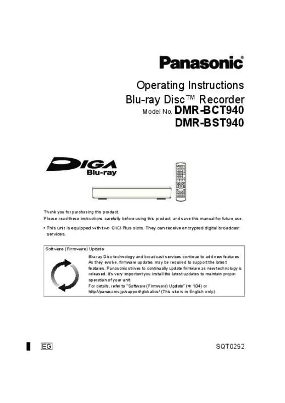 Mode d'emploi PANASONIC DMR-BCT940EG